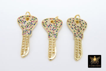 CZ Pave Key Pendant, Rainbow Cubic Zirconia Skeleton Key Charm #432, Gold